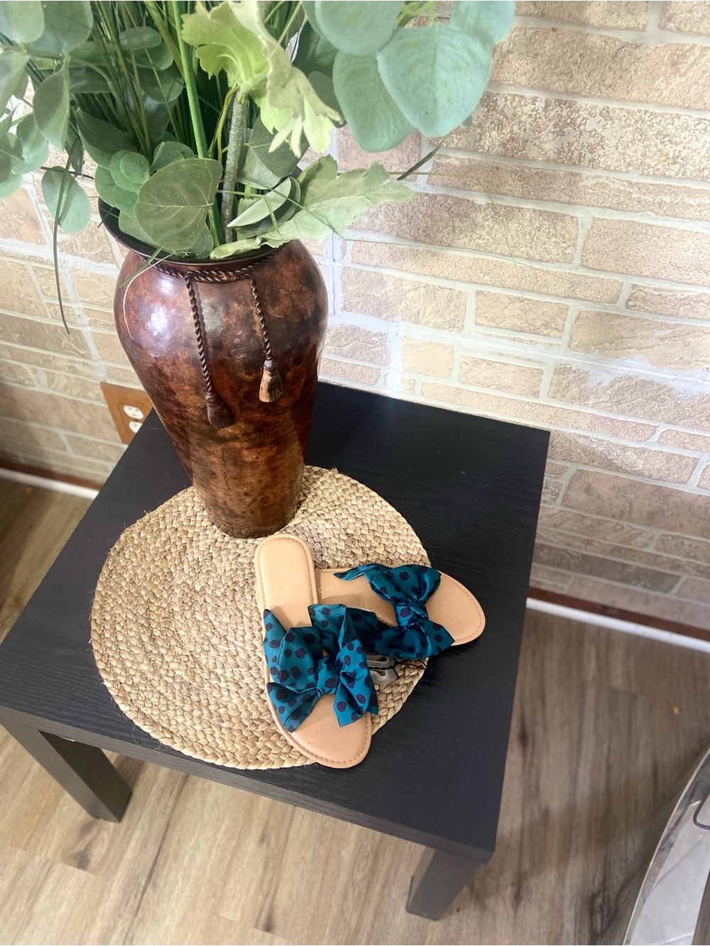 Teal Polka Dot Bow Slide Sandals - Women